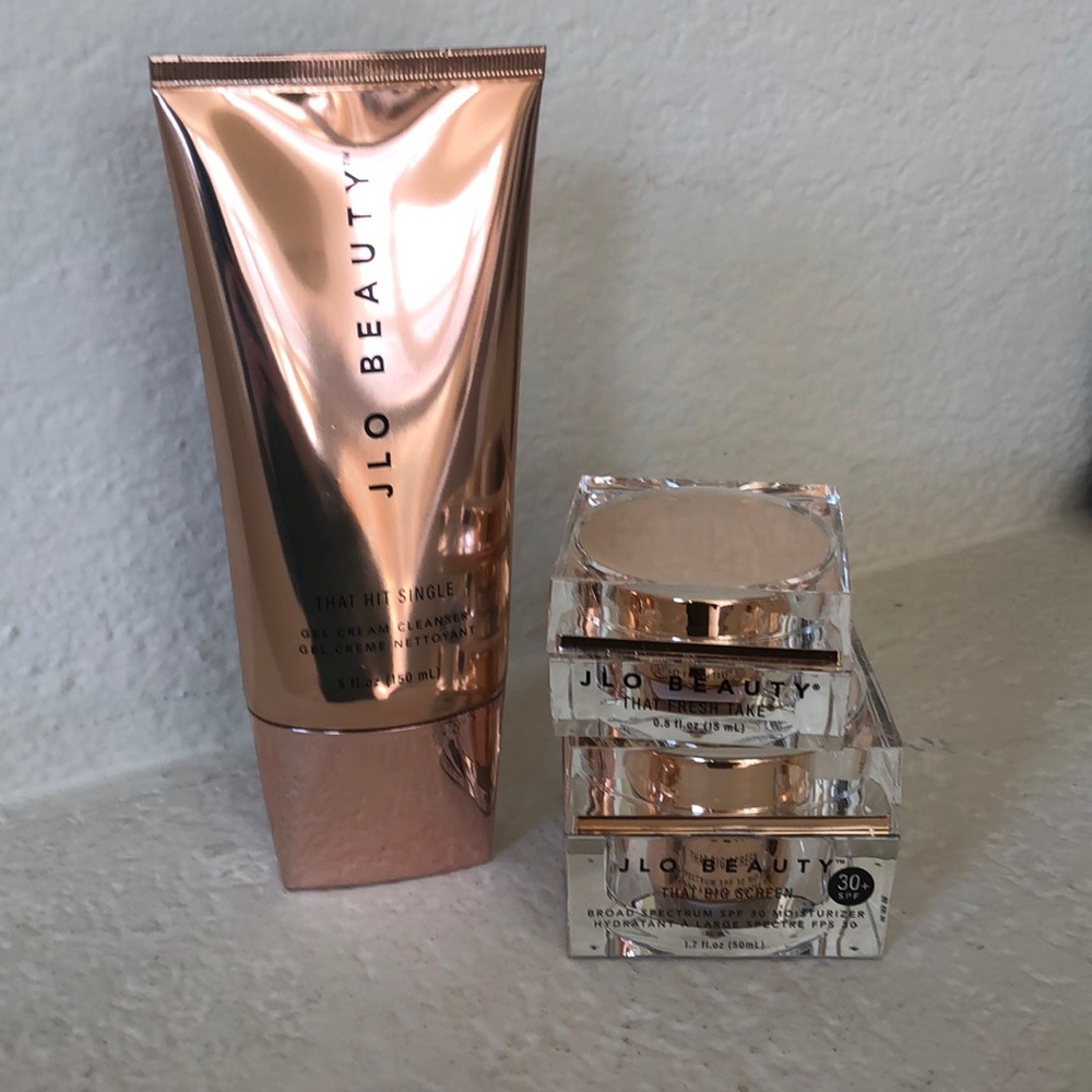 J LO BEAUTY cleansing cream, eye cream, and SPF 30 moisturizer.